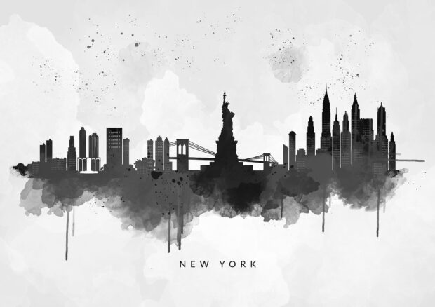 The New York skyline is shown in a black ink style with splashes and the Statue of Liberty, HD Desktop Wallpaper