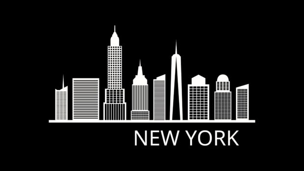 A black and white New York skyline silhouette showing iconic buildings and structures, 4K Desktop Wallpaper