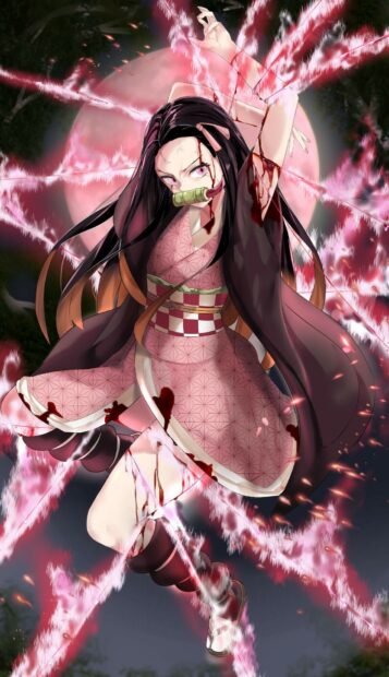 Nezuko battles while surrounded by pink flames in Demon Slayer Kimetsu No Yaiba wallpapers, HD Phone Wallpaper