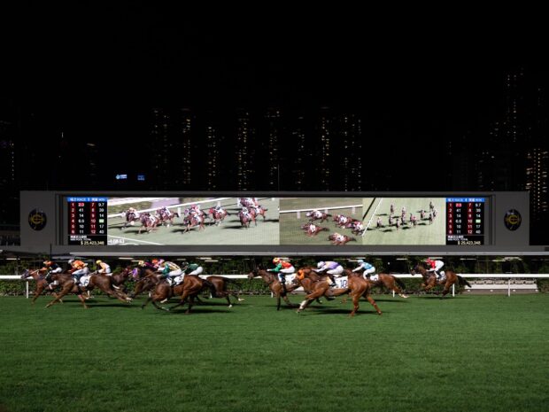 Horse racing competition takes place under night lights with multiple horses on grass track, HD Desktop Wallpaper