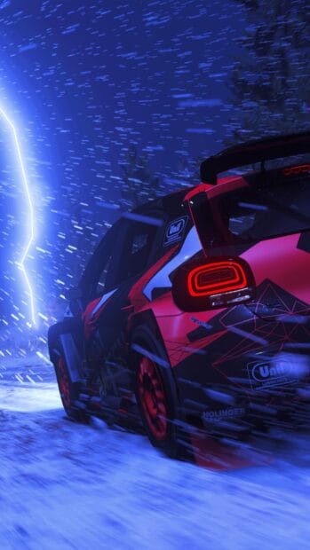 A racing game shows a car drifting through a snowy forest under a lightning storm, 2K Mobile Wallpaper
