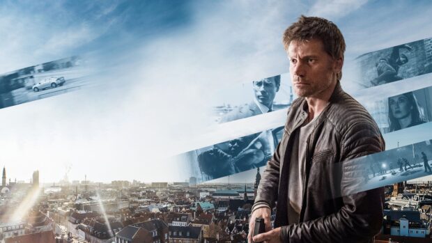 Nikolaj Coster Waldau is shown with a serious expression against a city backdrop, 4K Desktop Wallpaper