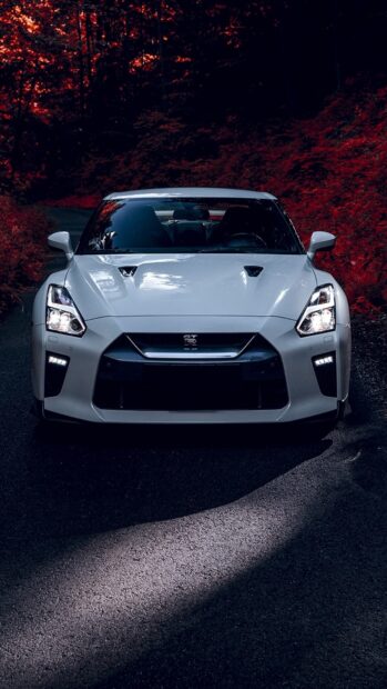 A Nissan GT R is parked on a dark road surrounded by red autumn trees, 4K Phone Wallpaper