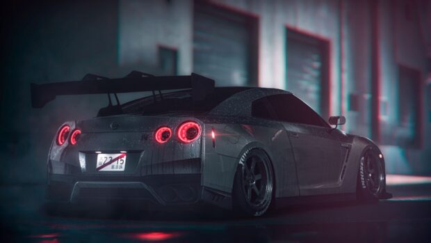 A Nissan GT R with glowing taillights parked in a misty urban environment at night, 4K Desktop Wallpaper