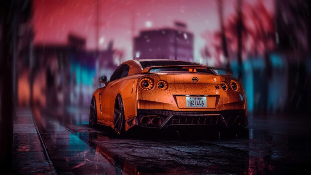 The Nissan GT R is parked on a wet city street in rainy weather, 4K Desktop Wallpaper