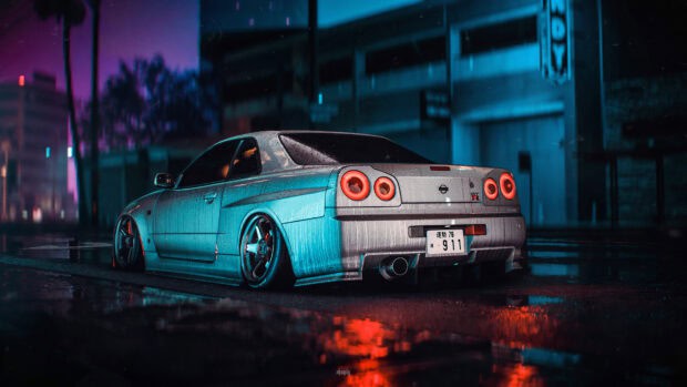 A Nissan GT R is parked on a wet street with neon lights glowing in the background, 4K Desktop Wallpaper