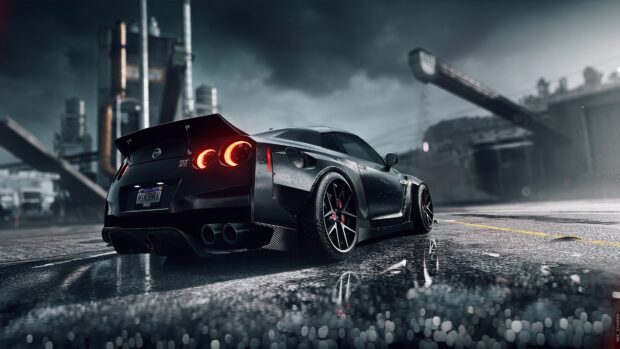 A Nissan GT R is parked on a wet road with industrial buildings and dramatic skies in the background, 4K Desktop Wallpaper