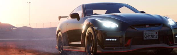 A Nissan GT R racing with headlights on at sunset, 4K Desktop Wallpaper
