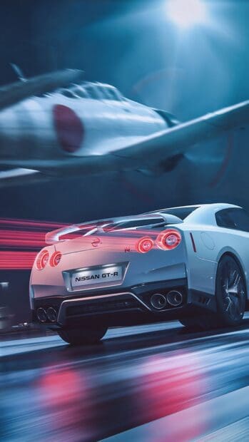 A white Nissan GT R is driving fast with red motion lights and an airplane flying above, HD Phone Wallpaper