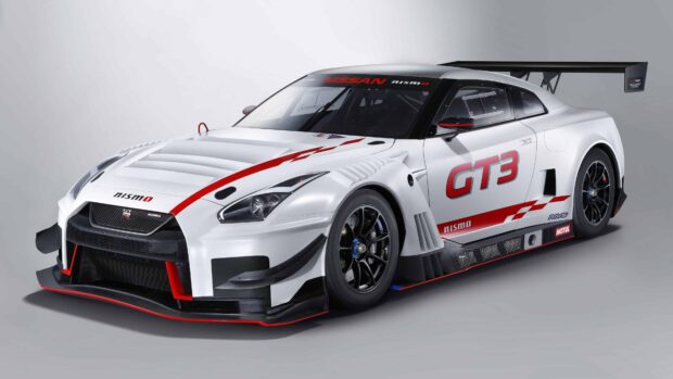 A white Nissan GT3 race car with red accents stands against a plain background, 4K Desktop Wallpaper