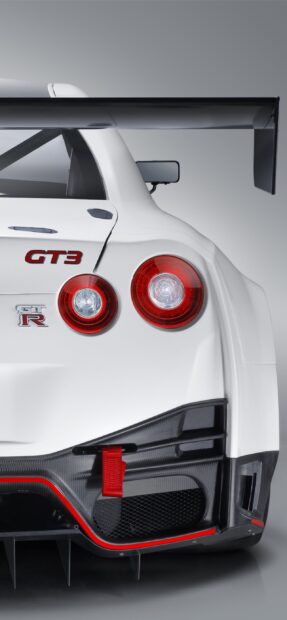 The Nissan GT3 features a rear spoiler and distinctive tail lights in white, 2K Phone Wallpaper