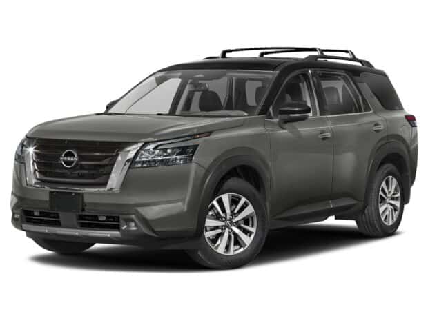 A gray Nissan Pathfinder is shown from the front side with detailed headlights and grille, HD Desktop Wallpaper