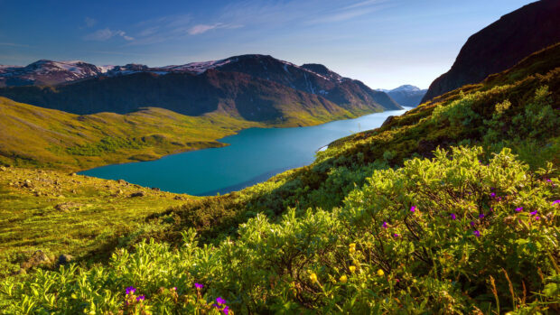 A tranquil mountain lake surrounded by lush greenery and snow capped peaks in Norway, 4K Desktop Wallpaper