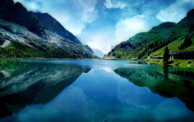 A calm lake reflects Norwegian fjords under a starry sky, 2K Desktop Wallpaper