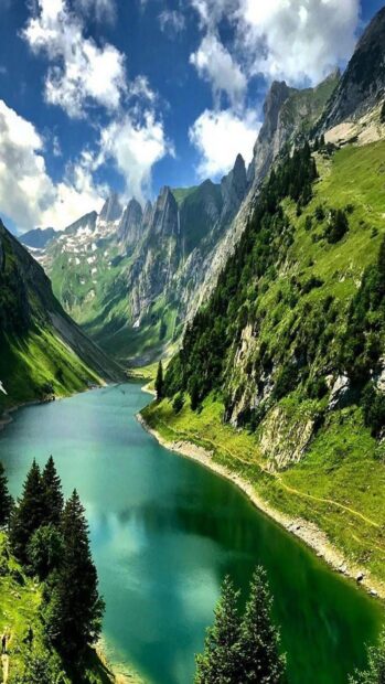 A serene view of Norwegian fjords surrounded by lush green mountains under a cloudy sky, HD Phone Wallpaper