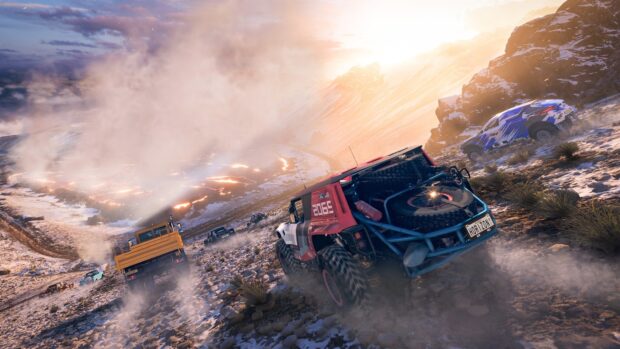 A group of off road vehicles racing through rocky terrain under a cloudy sky, HD Desktop Wallpaper