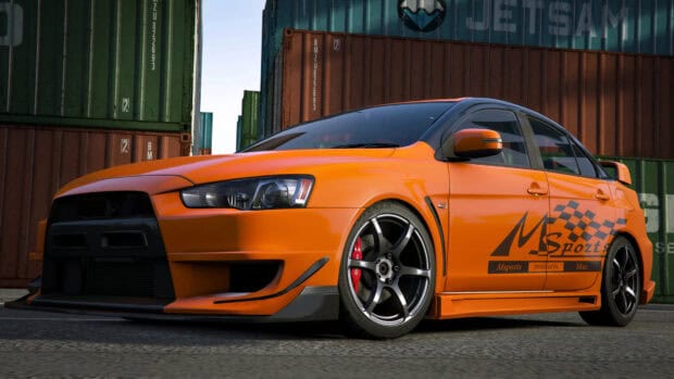 An orange Lancer Evo is shown with sporty decals parked in front of shipping containers, 4K Desktop Wallpaper