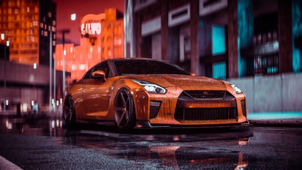 Nissan GT R captured with rain drops and urban lights, 4K Desktop Wallpaper