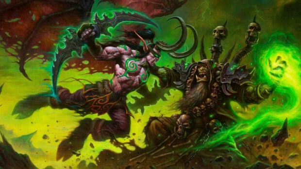 A fierce orc warrior casts green magic in a fiery battle, 4K Desktop Wallpaper