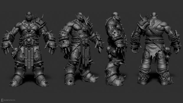 This orc character design displays detailed armor and muscular features from various angles, 4K Desktop Wallpaper