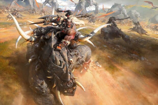 An orc warrior rides a fierce beast leading an army across the battlefield in a fierce charge, HD Desktop Wallpaper