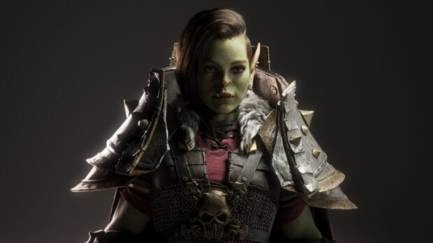 A fierce orc with green skin and intricate armor stands against a dark background, 4K Desktop Wallpaper