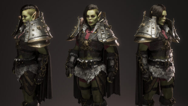 A fierce orc warrior wearing detailed armor stands confidently with a dark background, 4K Desktop Wallpaper