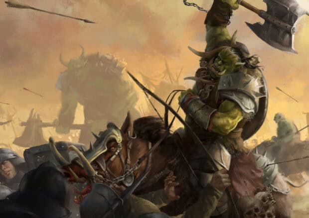 An orc warrior with armor and axe fights in a chaotic battle scene with soldiers and warhorses, HD Desktop Wallpaper