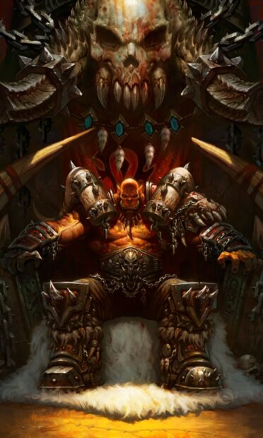 The orc warrior sits powerfully on a throne adorned with skulls and chains in a dark setting, HD Phone Wallpaper
