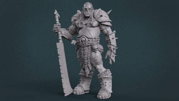 A muscular orc warrior in detailed armor holding a large blade stands ready for battle, 4K Desktop Wallpaper