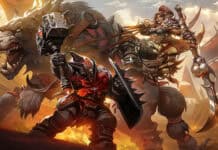 Two fierce orc warriors clash with weapons in a fiery battlefield, 4K Desktop Wallpaper