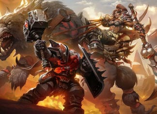 Two fierce orc warriors clash with weapons in a fiery battlefield, 4K Desktop Wallpaper
