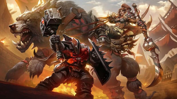Two fierce orc warriors clash with weapons in a fiery battlefield, 4K Desktop Wallpaper