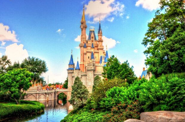 A beautiful castle surrounded by lush greenery and clear sky in Orlando, HD Desktop Wallpaper