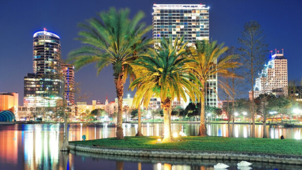 Orlando Wallpapers featuring a vibrant cityscape with lit buildings and palm trees at night, HD Desktop Wallpaper