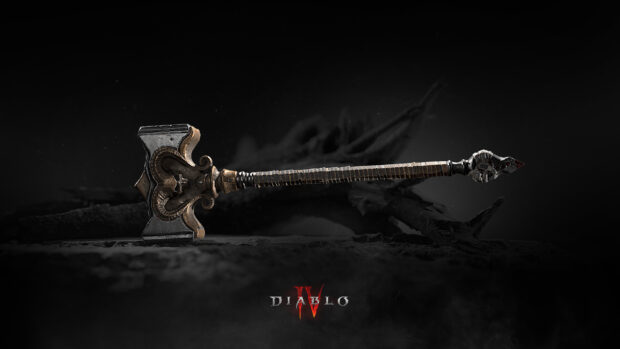 A detailed ornate war hammer showcased on a dark background in Diablo Iv wallpapers, HD Desktop Wallpaper