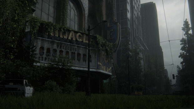 An overgrown abandoned city street with a dark eerie atmosphere, 4K Desktop Wallpaper