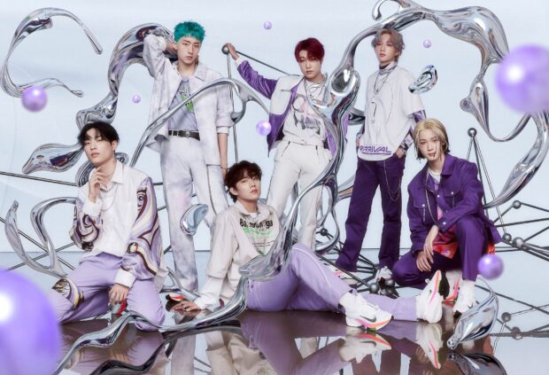 The P1Harmony members pose with futuristic elements in a modern setting, HD Desktop Wallpaper