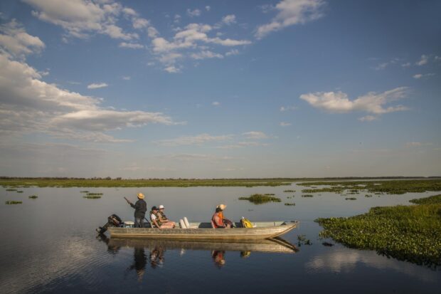 People enjoying a boat tour in Pantanal Matogrossense with clear sky, HD Desktop Wallpaper