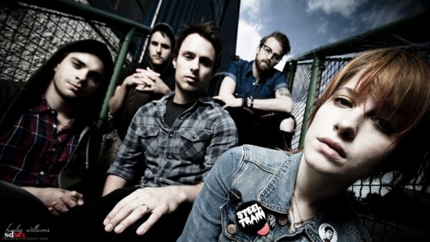 A close up of Paramore band members sitting outdoors near a fence, HD Desktop Wallpaper