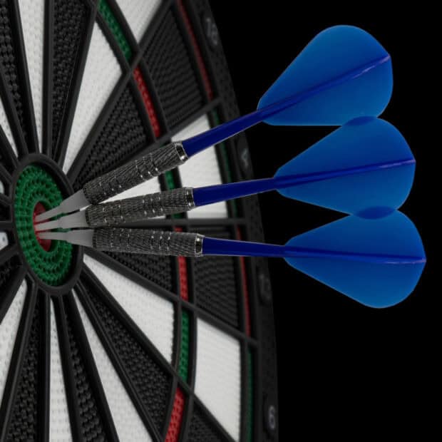 Three blue darts hit the bullseye on a dartboard in a close up, HD Desktop Wallpaper