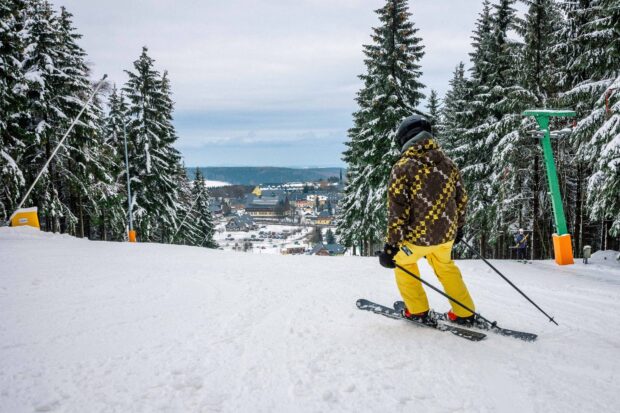 A person is skiing down a snowy mountain slope surrounded by snow covered trees and a distant village under a cloudy sky, HD Desktop Wallpaper