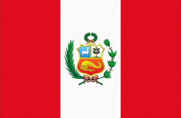 The Peru flag with the national coat of arms is displayed in the center of the image, HD Desktop Wallpaper