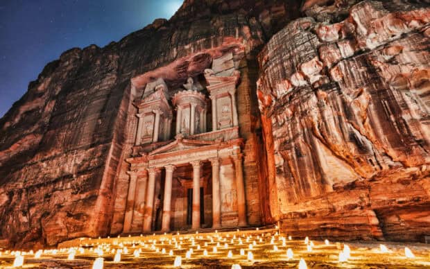 Petra Jordan illuminated by candles at night, 2K Desktop Wallpaper