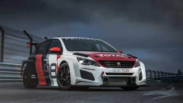 A Peugeot 308 racing car is parked on a wet racetrack under a stormy sky, 4K Desktop Wallpaper