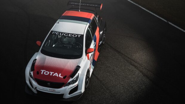 A Peugeot 308 racing car features a vibrant and detailed livery on the track, 4K Desktop Wallpaper