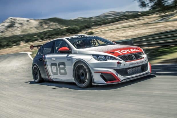 A Peugeot 308 racing car is driving fast on a curved racetrack, 2K Desktop Wallpaper