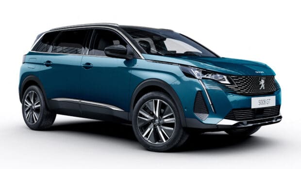 A blue Peugeot 5008 GT is shown from the front side against a white background, 4K Desktop Wallpaper