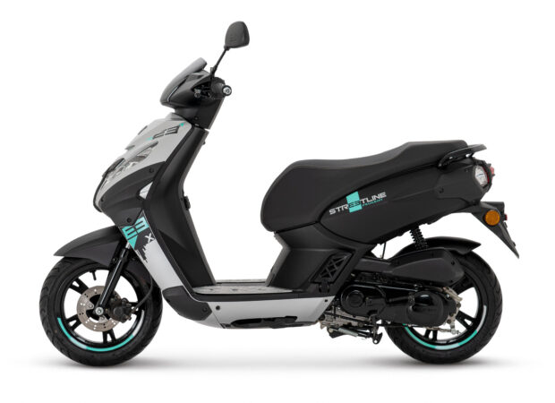 A sleek Peugeot Kisbee scooter with black and silver colors on a white background, HD Desktop Wallpaper