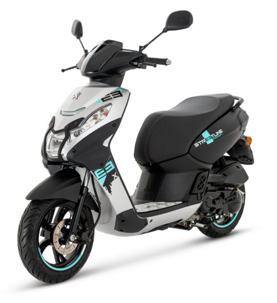 A black and silver Peugeot Kisbee scooter with teal accents is shown from the side, HD Desktop Wallpaper
